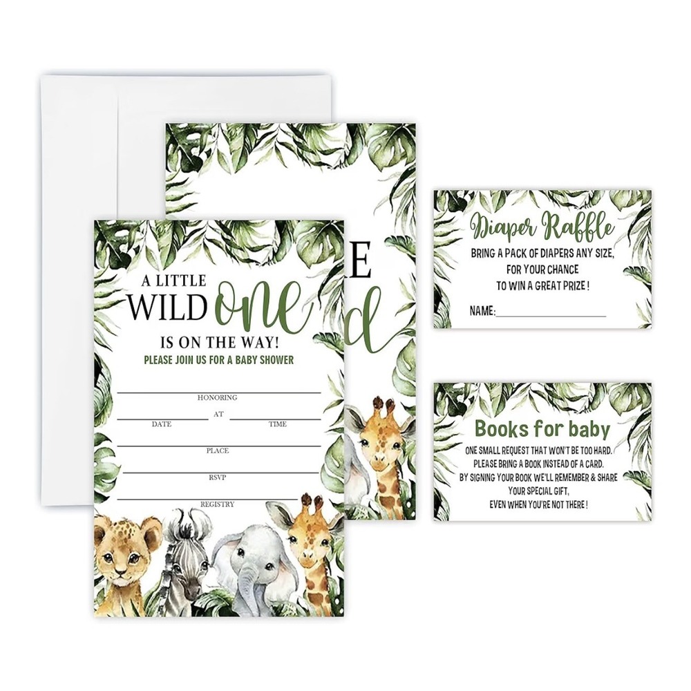 Baby Boy Jungle Shower Invitations Set of 25 with Diaper Raffle & Book Requests
